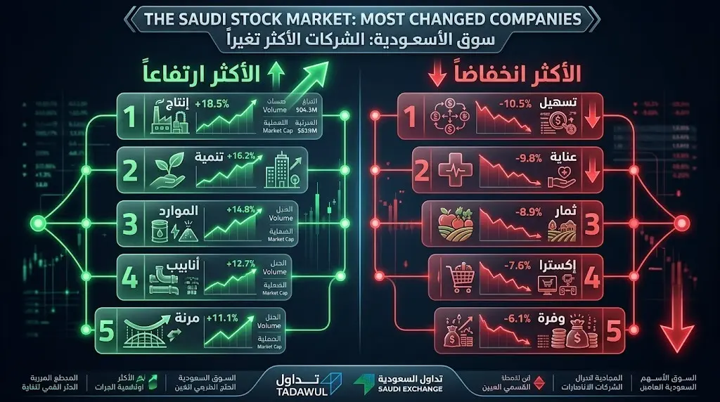 إنفوجرافيك بياني يعرض الشركات الأكثر ارتفاعاً وانخفاضاً في سوق الأسهم السعودية