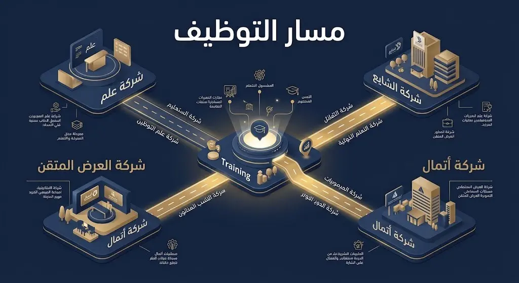إنفوجرافيك يوضح مسار التوظيف المباشر في أربع شركات شريكة بعد انتهاء البرنامج التدريبي.