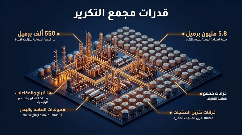 إنفوجرافيك ثلاثي الأبعاد يعرض قدرات مجمع التكرير في رأس تنورة مع إحصائيات وأرقام السعة التشغيلية والتخزينية.