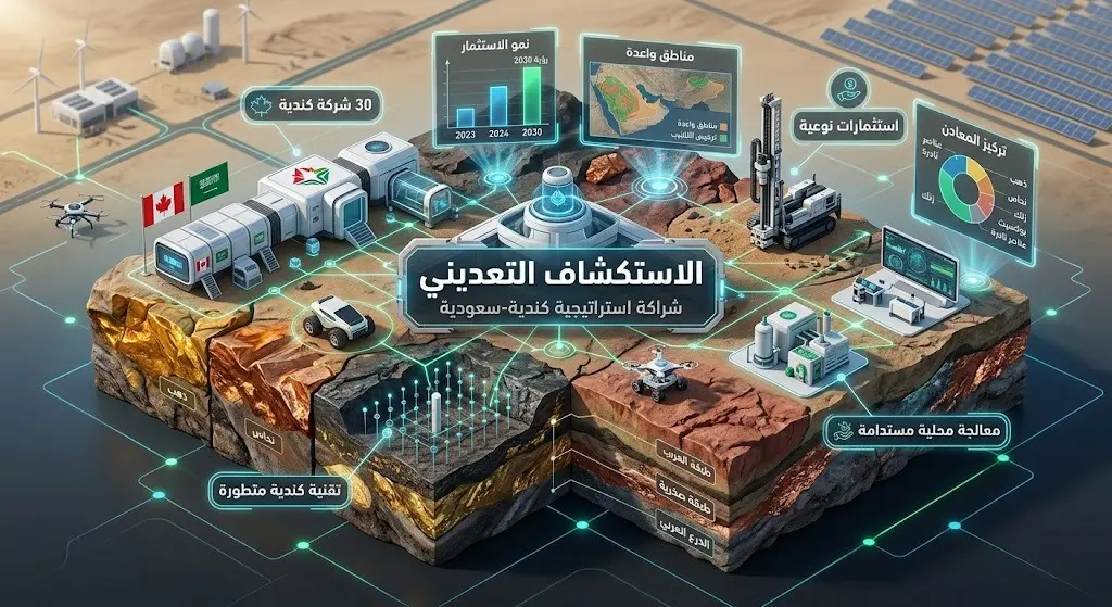 تصميم ثلاثي الأبعاد يعرض فرص الاستكشاف التعديني والتقنيات الحديثة لجذب استثمارات الشركات الكندية.
