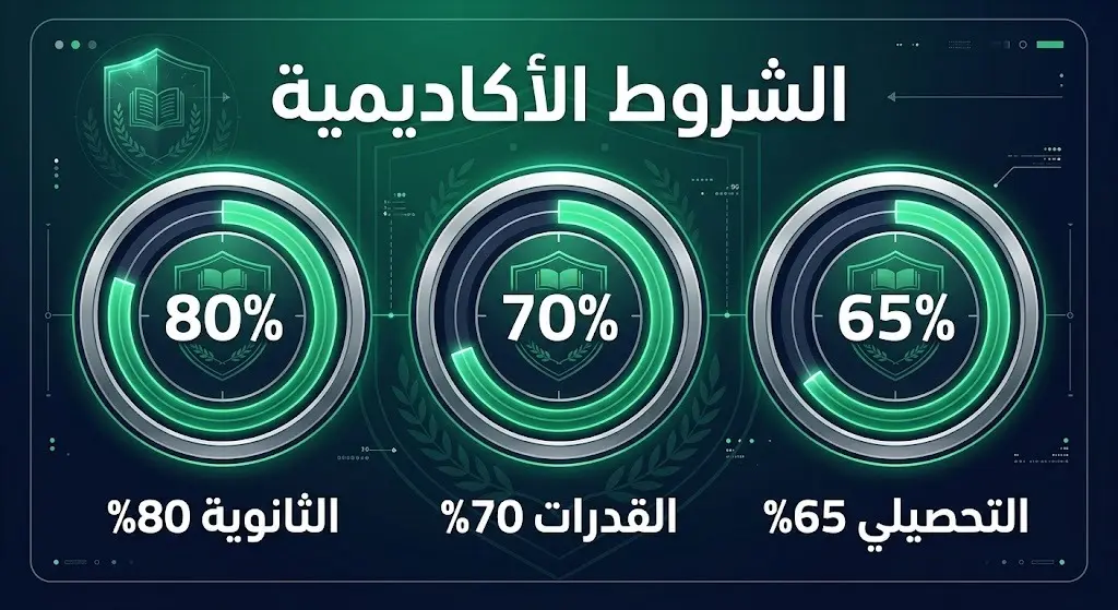 تصميم بياني يستعرض الشروط الأكاديمية للقبول بكلية الملك فهد الأمنية بما في ذلك نسب الثانوية والقدرات والتحصيلي.