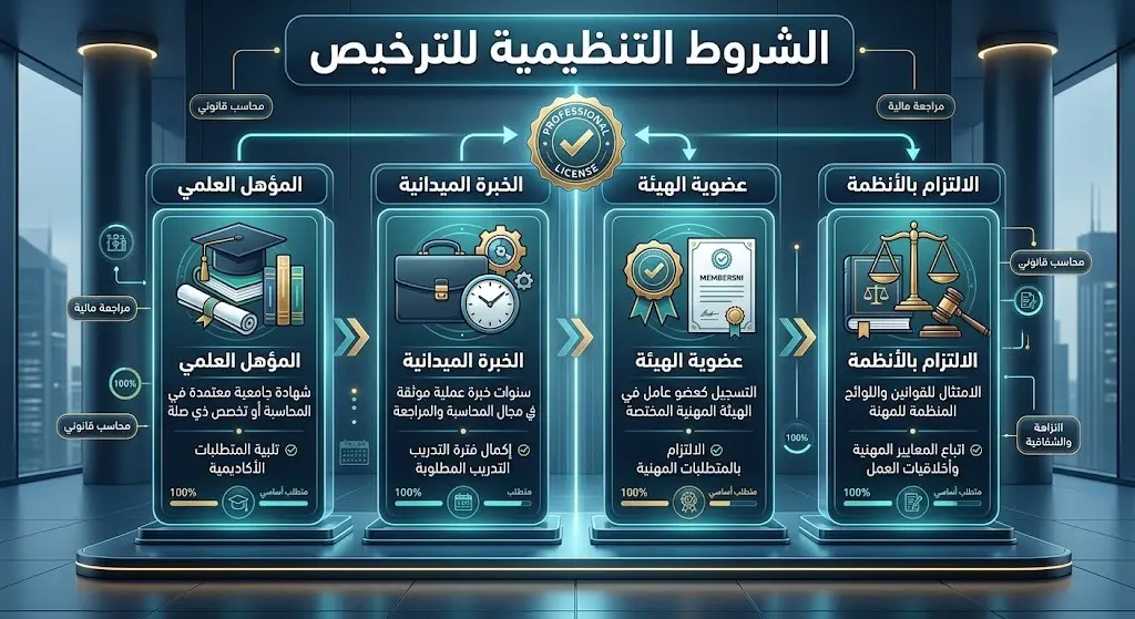 إنفوجرافيك يوضح الشروط الأربعة الرئيسية لإصدار الترخيص المهني للمحاسبين والمراجعين في المملكة العربية السعودية.