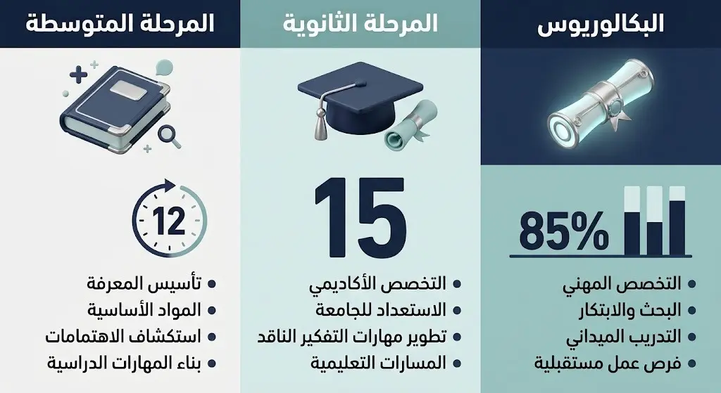 تصميم معلوماتي يوضح الشروط الخاصة بكل مرحلة دراسية في معهد الحرم المكي: المتوسطة، الثانوية، وقسم البكالوريوس مع إبراز الأعمار والمعدلات المطلوبة.