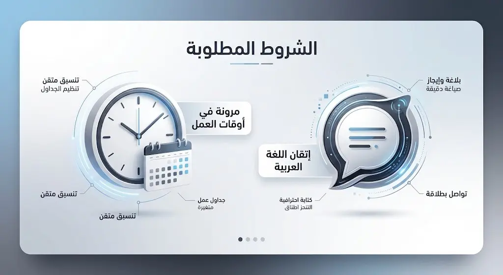 تصميم بياني يوضح الشروط الأساسية للمتقدمين لوظائف التجزئة، والتي تشمل مرونة أوقات العمل وإتقان اللغة العربية.