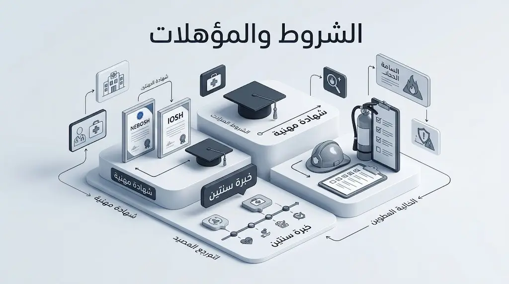 تصميم مرئي يستعرض المؤهلات الأكاديمية والشهادات المهنية المطلوبة مثل نيبوش وأوشا لاجتياز القبول.