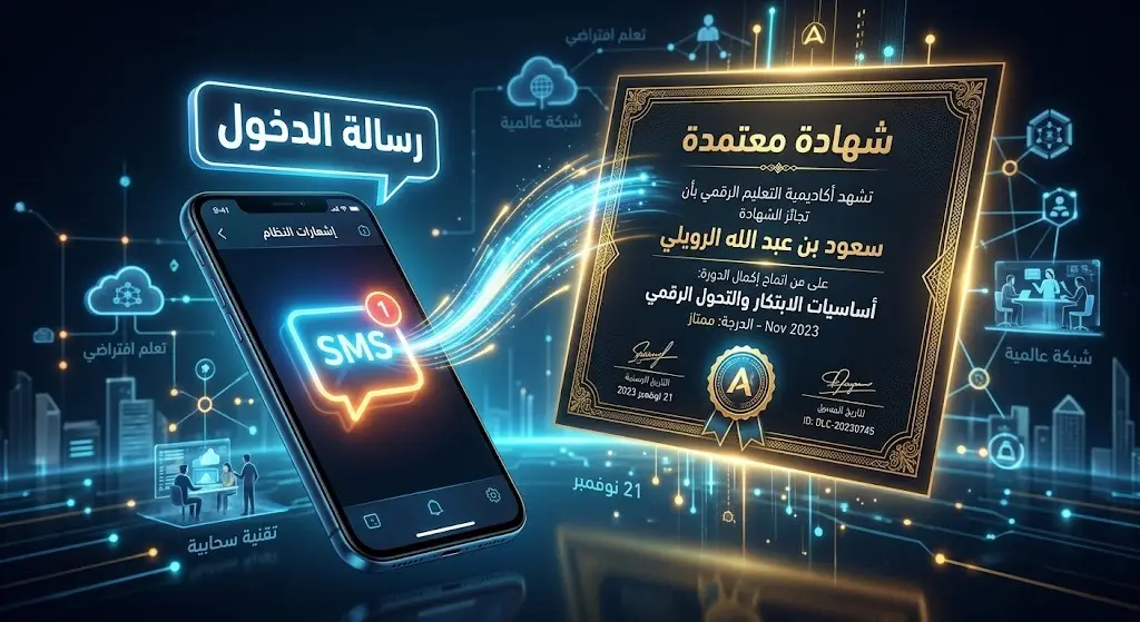 تصميم إبداعي يعرض شهادة حضور معتمدة وهاتفاً ذكياً يستقبل رسالة نصية لرابط الدخول عبر منصة Zoom