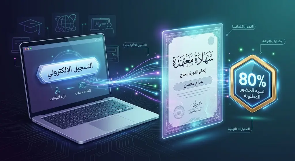 تصميم إبداعي يعرض شهادة حضور معتمدة وجهاز حاسوب محمول يرمز للتسجيل الإلكتروني، مع إبراز شرط نسبة الحضور 80٪.