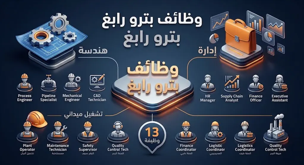 إنفوجرافيك احترافي يوضح توزيع 13 وظيفة شاغرة في شركة بترو رابغ عبر قطاعات الهندسة، الإدارة، والتشغيل الميداني.