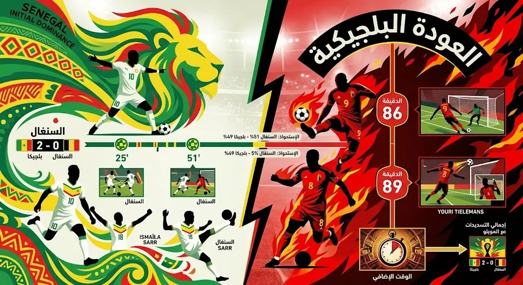 إنفوجرافيك يوضح تسلسل أهداف بلجيكا والعودة السريعة في الدقائق الأخيرة من الشوط الثاني ضد السنغال