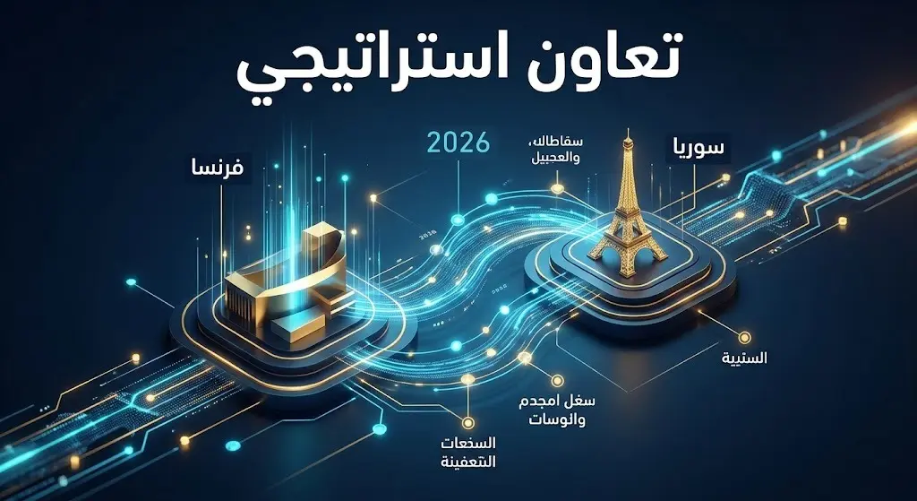 تصميم فني حديث يبرز التعاون الاستراتيجي بين دمشق وباريس عبر رموز دبلوماسية ونقاط اتصال مضيئة.