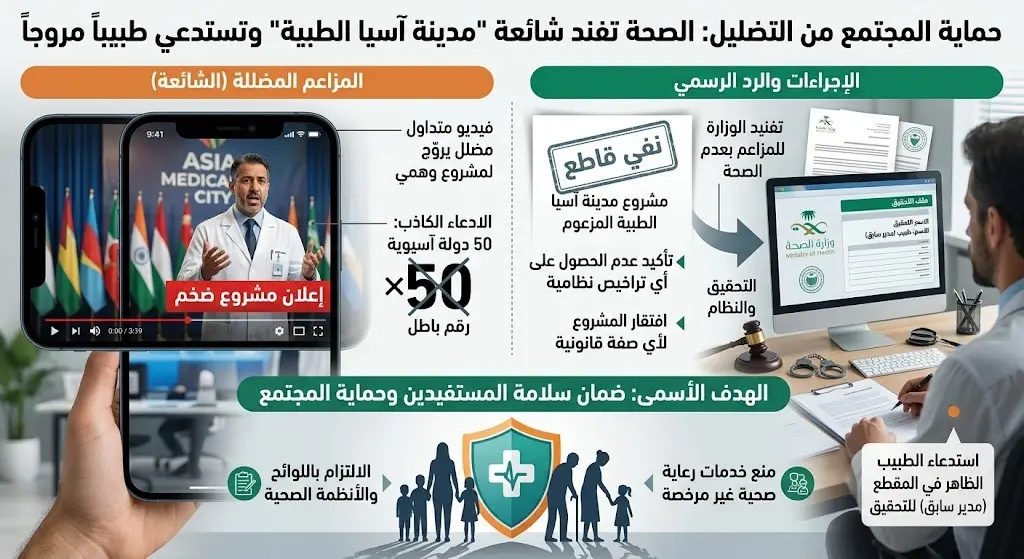 الصحة تفند شائعات إنشاء مدينة آسيا الطبية وتستدعي طبيبا ظهر في مقطع مرئي مضلل