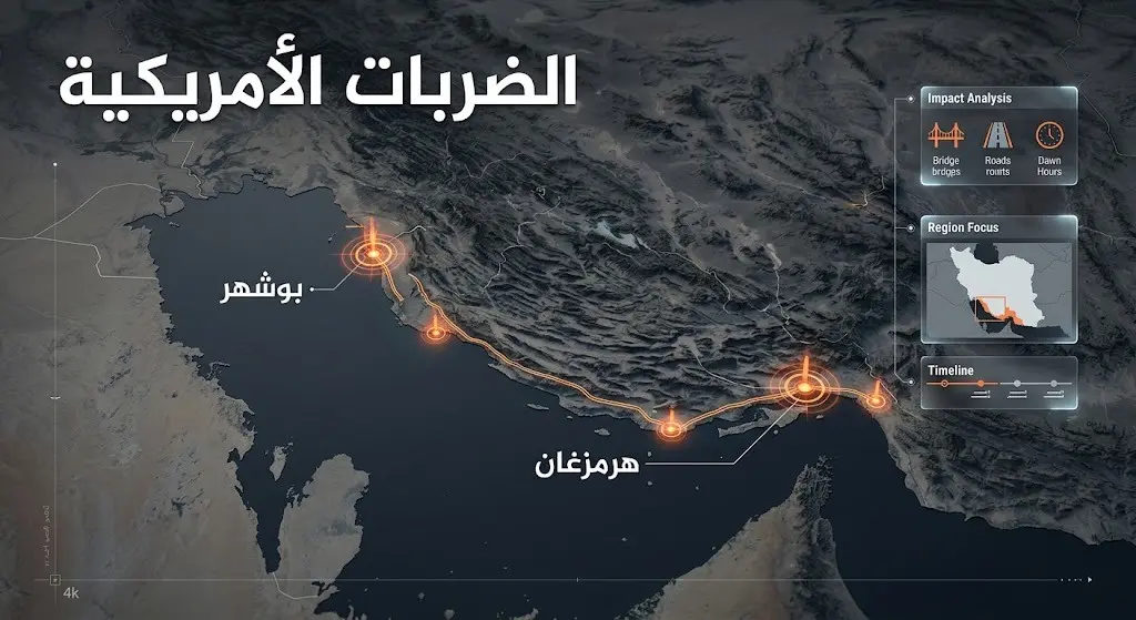 خريطة إنفوجرافيك إخبارية توضح مواقع الضربات الأمريكية المضادة التي استهدفت البنية التحتية والجسور في محافظتي بوشهر وهرمزغان الساحليتين في إيران.