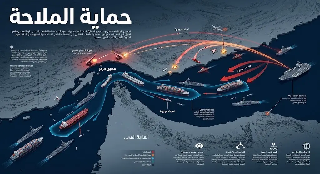 إنفوجرافيك تعبيري يوضح عمليات حماية الملاحة التجارية في مضيق هرمز ومسارات الضربات العسكرية ضد مصادر التهديد.