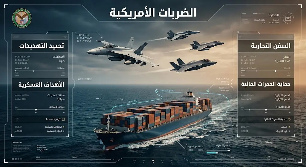 تصميم بصري يبرز العمليات الجوية للقيادة المركزية الأمريكية بهدف حماية سفن الحاويات التجارية في الممرات المائية.