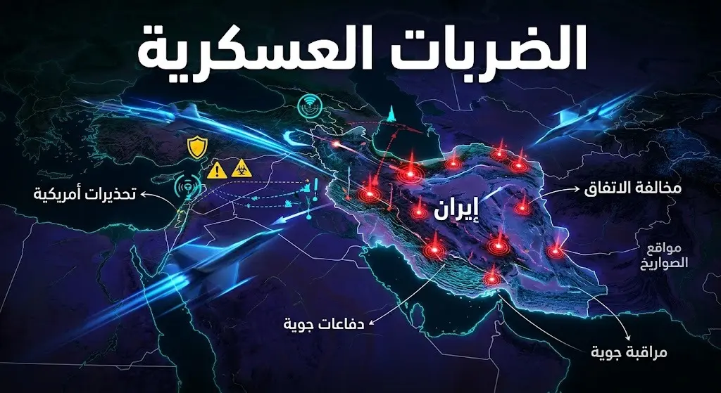 تصميم إنفوجرافيك يجسد الضربات العسكرية الأمريكية والتحذيرات الموجهة لإيران على خريطة رقمية تعبيرية.
