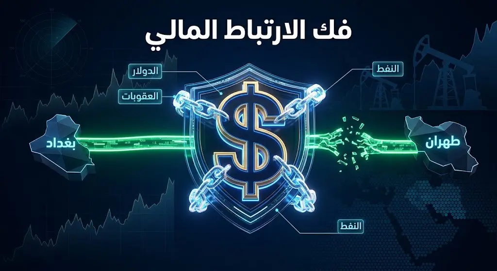 إنفوجرافيك تعبيري يجسد الضغوط الأميركية لقطع التدفقات المالية بالدولار بين العراق وإيران وتأثيرها على أسواق النفط.