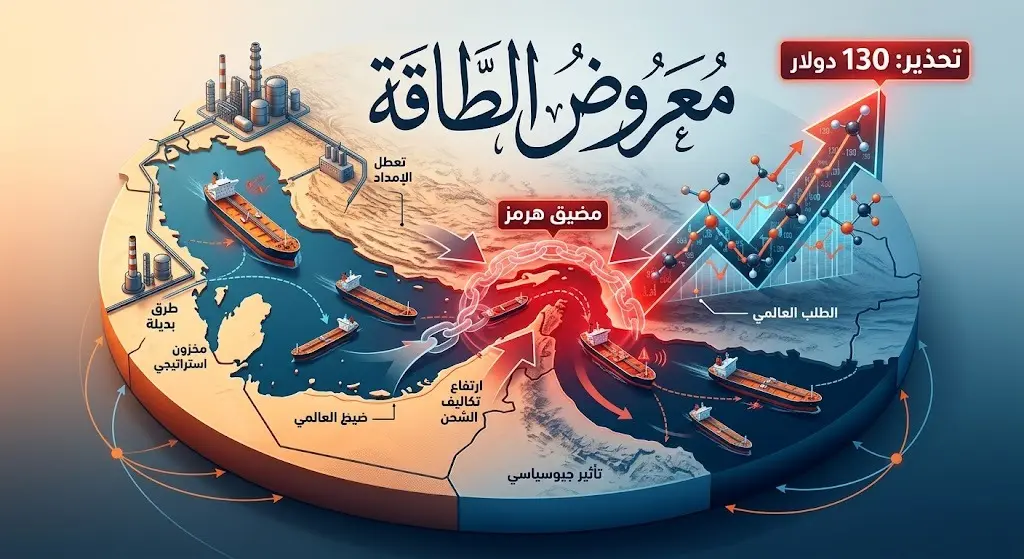تصميم تعبيري يظهر ناقلات النفط في الممرات المائية الاستراتيجية مع إشارات تحذيرية تعكس التهديدات المحيطة بإمدادات الطاقة وتوقعات بلوغ السعر 130 دولاراً.