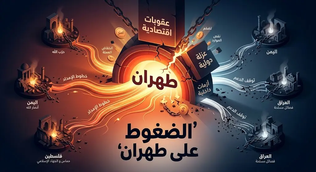 رسم تعبيري يجسد الضغوط الداخلية والخارجية المشتدة على طهران، مما يؤدي إلى تراجع وانقطاع خطوط الدعم والتمويل عن أذرعها الإقليمية.