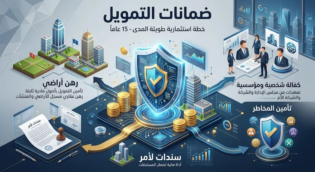 تصميم إنفوجرافيك يوضح الضمانات المالية لاتفاقية تمويل شركة مدينة المعرفة الاقتصادية، متضمناً رهن الأراضي وسندات لأمر.