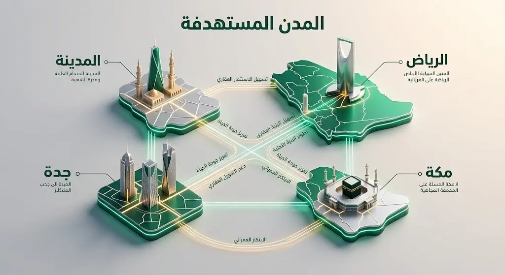 رسم تعبيري يبرز المدن الأربع المشمولة بضوابط التملك: الرياض، جدة، مكة المكرمة، والمدينة المنورة، مع الإشارة لأهداف التنمية العمرانية.