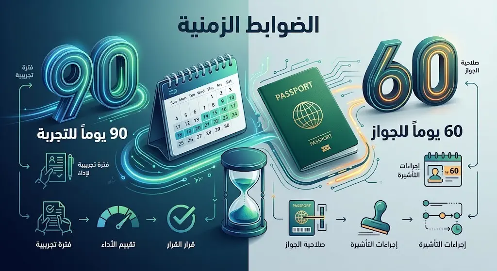 إنفوجرافيك يوضح الضوابط الزمنية لتأشيرة الخروج النهائي، 90 يوماً لفترة التجربة و60 يوماً لصلاحية جواز السفر.