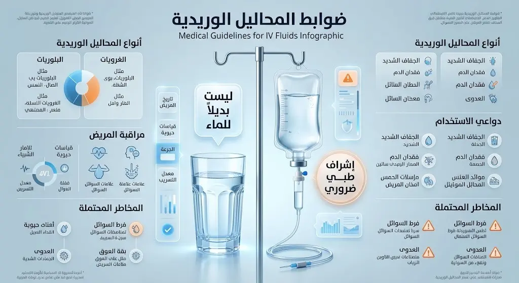تصميم يدمج بين كيس محلول وريدي وكوب ماء لتوضيح التحذير الطبي بأن المحاليل لا تغني عن شرب الماء وتتطلب إشرافاً طبياً صارماً.