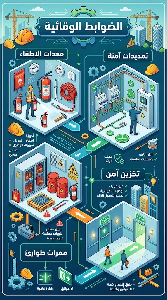 إنفوجرافيك احترافي يستعرض الضوابط الوقائية الأساسية في المواقع الإنشائية مثل توفير طفايات الحريق، التمديدات الآمنة وممرات الطوارئ.
