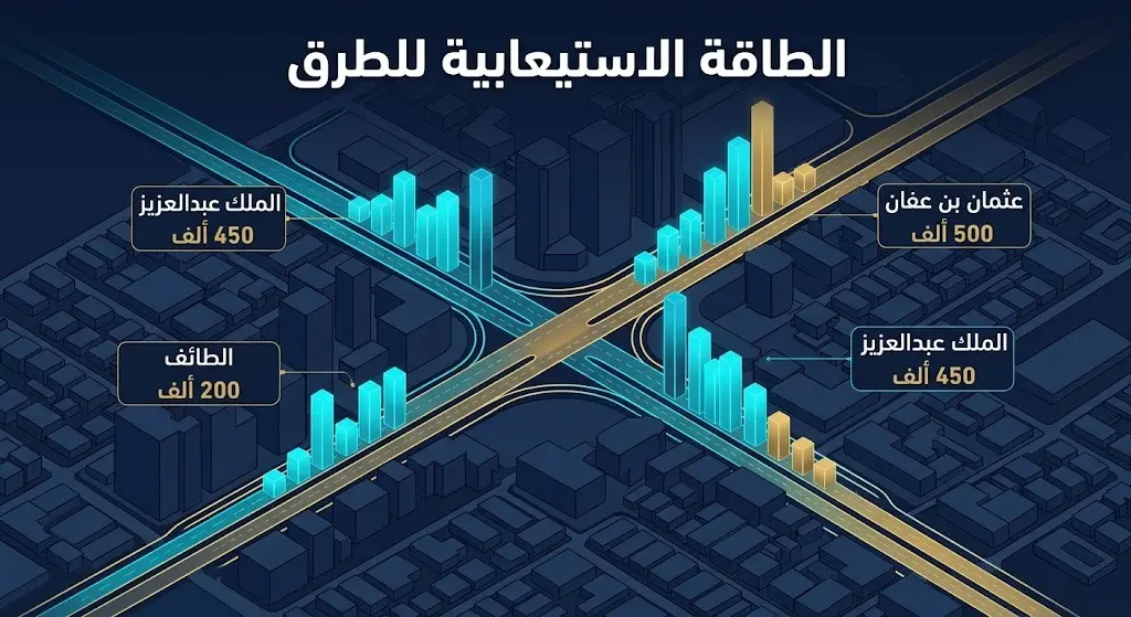 إنفوجرافيك يوضح حجم الطاقة الاستيعابية اليومية لمشاريع الطرق في الرياض متضمناً طريق عثمان بن عفان والملك عبدالعزيز