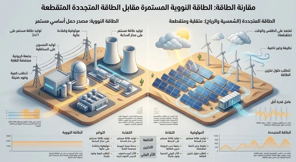 تصميم ثلاثي الأبعاد يقارن بين استمرارية إنتاج الطاقة النووية وطبيعة مصادر الطاقة المتجددة المتقطعة كالشمس والرياح.