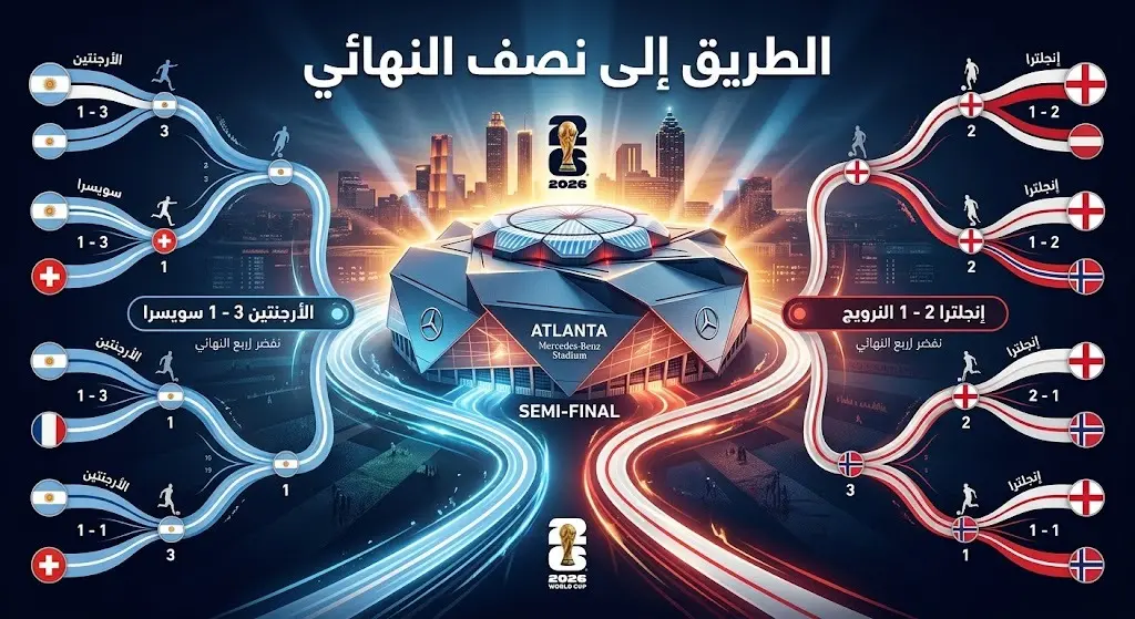إنفوجرافيك يوضح مسار منتخبي الأرجنتين وإنجلترا إلى نصف نهائي كأس العالم 2026 ونتائج مباراتيهما في ربع النهائي.