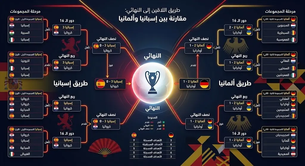 تصميم بياني يوضح مسار إسبانيا وألمانيا في الدور نصف النهائي وصولاً للمباراة النهائية