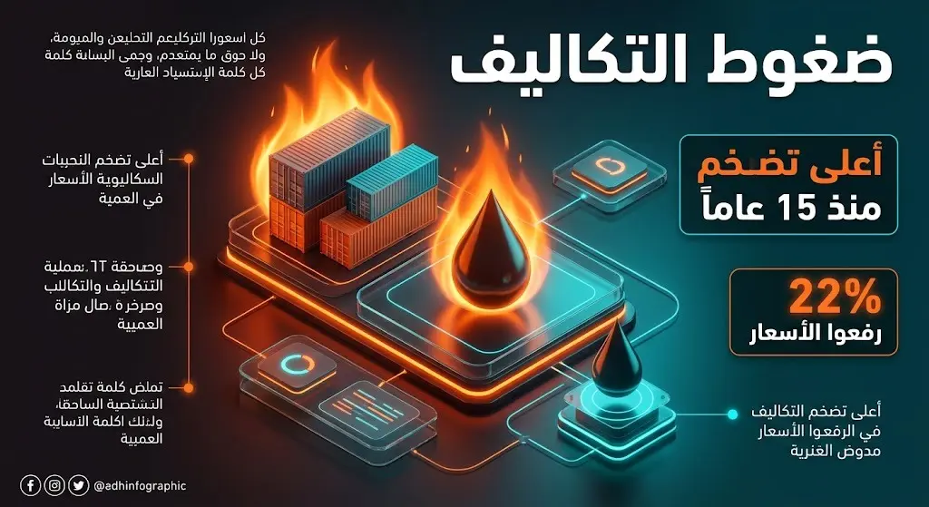 تصميم مرئي يعبر عن ضغوط التكاليف التشغيلية المتمثلة في الشحن والوقود وتأثيرها على أسعار البيع للشركات، وهو الأعلى منذ 15 عاماً.