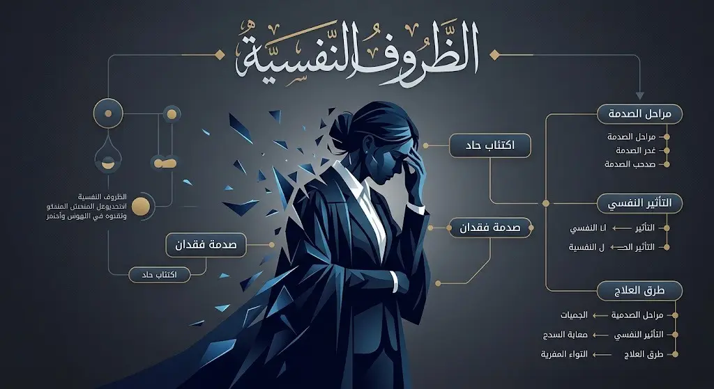 إنفوجرافيك ورسم تعبيري يبرز التدهور النفسي للمتهمة وعلامات الاكتئاب الحاد، مع نصوص عربية واضحة توضح العوامل النفسية المحيطة بالجريمة.