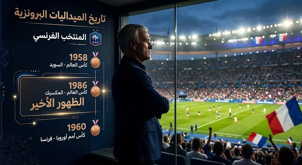تصميم بصري يدمج صورة للمدرب ديدييه ديشامب مع إحصائيات تاريخ حصول منتخب فرنسا على الميدالية البرونزية