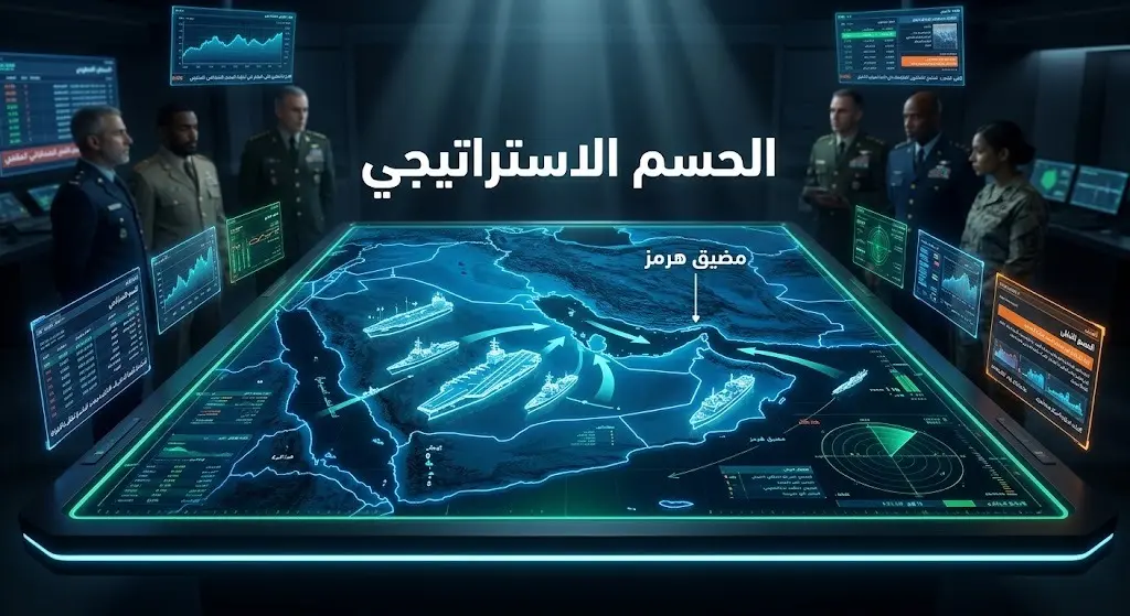 تصميم تعبيري لغرفة عمليات استراتيجية يجسد السيطرة الأمريكية والحسم العسكري في مضيق هرمز ومواجهة التهديدات.