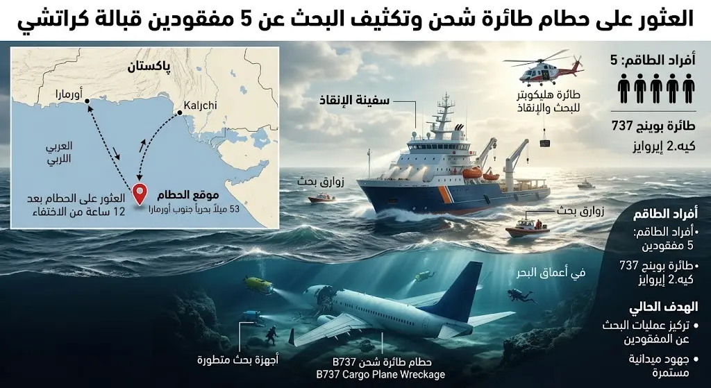 العثور على حطام طائرة الشحن قبالة سواحل كراتشي وتكثيف البحث عن أفراد الطاقم الخمسة المفقودين