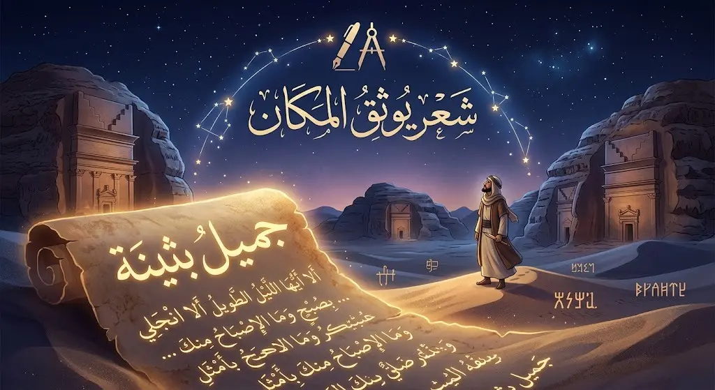 تصميم فني إبداعي يدمج بين التكوينات الصخرية في العُلا ومخطوطات شعرية مضيئة ترمز لقصائد الشاعر جميل بثينة في العصر الأموي