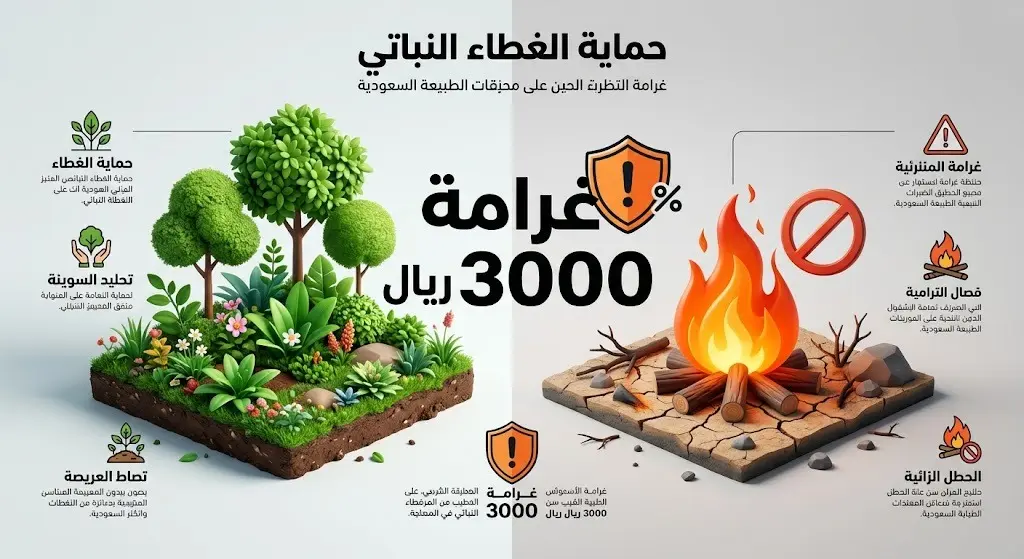 تصميم إنفوجرافيك يوضح عقوبة إشعال النار في المحميات الطبيعية في السعودية بقيمة 3000 ريال بهدف حماية الغطاء النباتي.