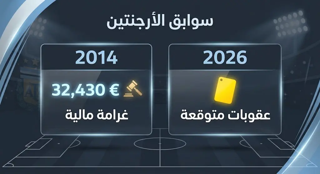 إنفوجرافيك مقارنة يستعرض سوابق المنتخب الأرجنتيني في رفع الشعارات السياسية، مبرزاً غرامة عام 2014 بقيمة 32 ألف يورو والتوقعات لعام 2026.