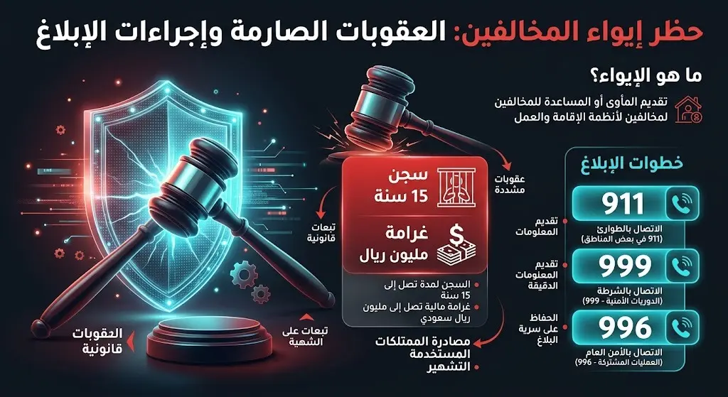 تصميم معلوماتي يستعرض العقوبات الصارمة لمخالفي أنظمة الإقامة وأمن الحدود، متضمناً السجن لمدة 15 سنة وغرامة المليون ريال، مع إبراز أرقام الإبلاغ الرسمية 911 و999 و996.