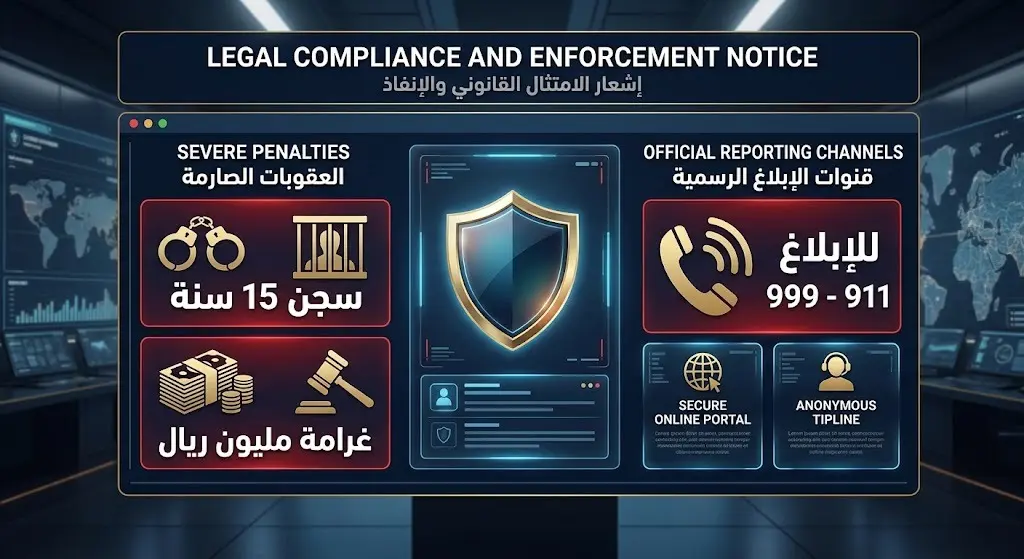 تصميم إنفوجرافيك يبرز العقوبات المشددة للمتسترين وأرقام قنوات الإبلاغ الأمنية الرسمية المعتمدة.
