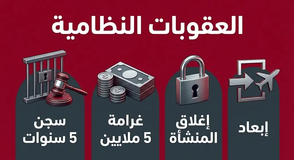 تصميم معلوماتي يبرز العقوبات الصارمة لمخالفات التستر التجاري والتي تصل إلى السجن 5 سنوات وغرامة 5 ملايين ريال، بالإضافة إلى الإغلاق والإبعاد.
