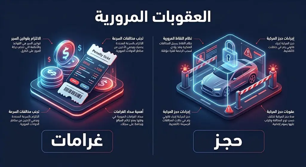 إنفوجرافيك يبرز العقوبات النظامية الرادعة للمخالفات المرورية في بريدة والتي تشمل الغرامات المالية وحجز المركبات.