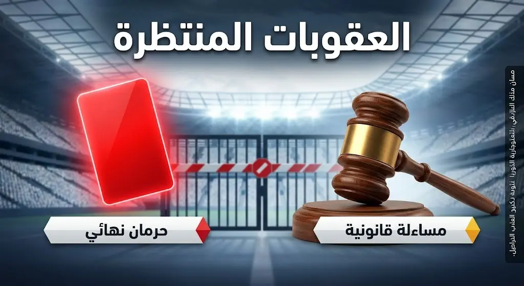 تصميم يبرز العقوبات الصارمة التي تنتظر المقتحمين، بما يشمل الحرمان النهائي من دخول الملاعب والمساءلة القانونية.