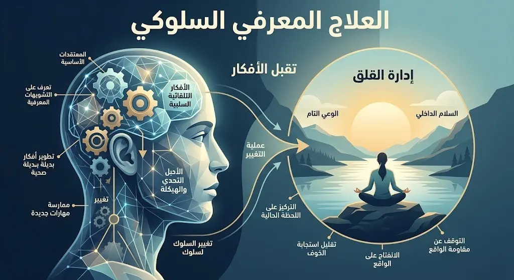 إنفوجرافيك إبداعي يوضح مفهوم العلاج المعرفي السلوكي وتقبل الواقع من خلال تصميم يدمج بين العقل والتوازن النفسي.