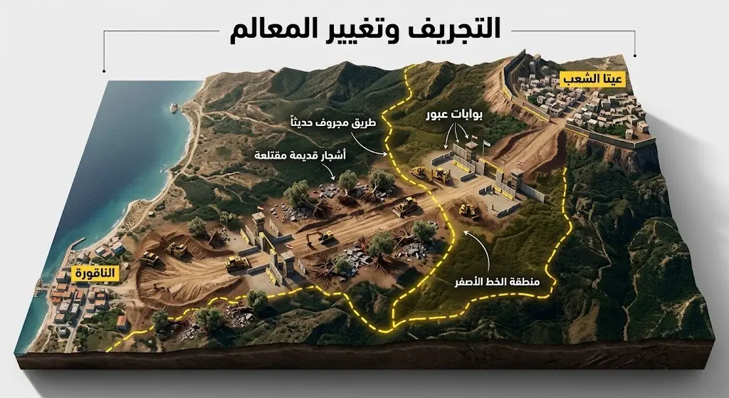 خريطة إنفوجرافيك ثلاثية الأبعاد توضح مسار عمليات التجريف الإسرائيلية وإنشاء البوابات العسكرية وقطع الأشجار بين بلدتي الناقورة وعيتا الشعب في جنوب لبنان.