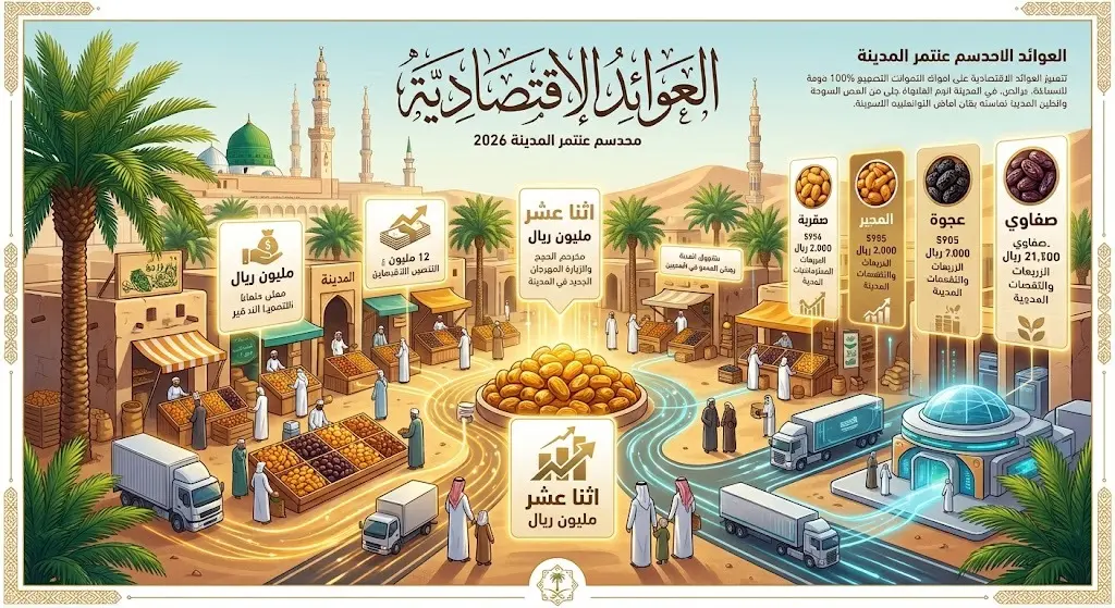 إنفوجرافيك اقتصادي يستعرض العوائد المالية لموسم تمور المدينة 2026، مبرزاً أرقام المبيعات التي تجاوزت 12 مليون ريال وأشهر أصناف التمور كالعجوة والصفاوي.