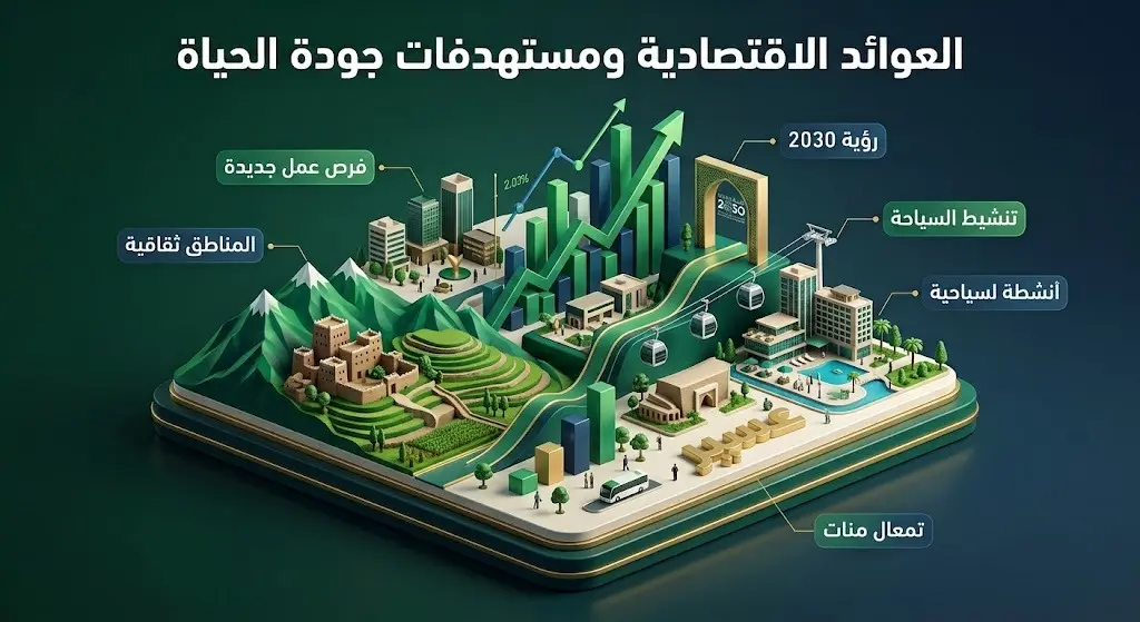 إنفوجرافيك عصري ثلاثي الأبعاد يبرز العوائد الاقتصادية لقطاع السياحة في عسير وارتباطها بأهداف رؤية السعودية 2030 وتوفير فرص العمل.