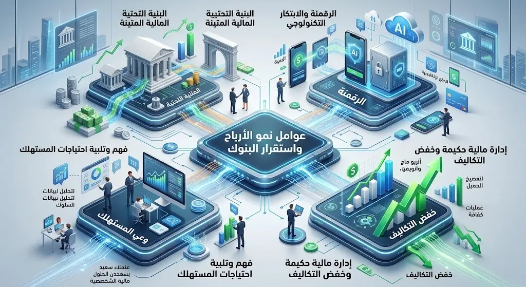 إنفوجرافيك مالي عصري يوضح العوامل الأربعة لنمو الأرباح وتقليص المصروفات التشغيلية في البنوك، مع التركيز على التحول الرقمي.