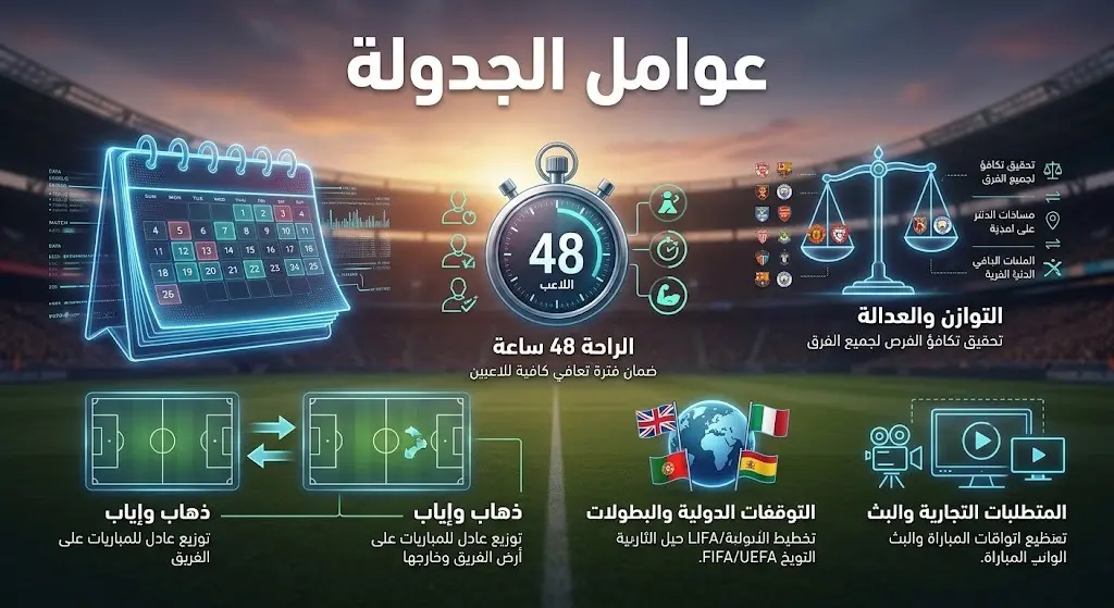 تصميم معلوماتي بأسلوب لوحة تحكم يستعرض المعايير التنظيمية وزمن الراحة المعتمد في جدولة الدوري.